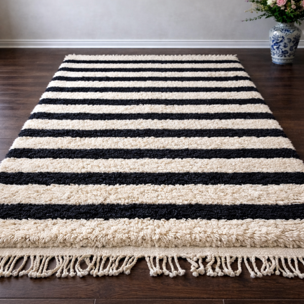 Beni Mrirt Rug – Premium Striped Black and Beige Wool rug - Image 5