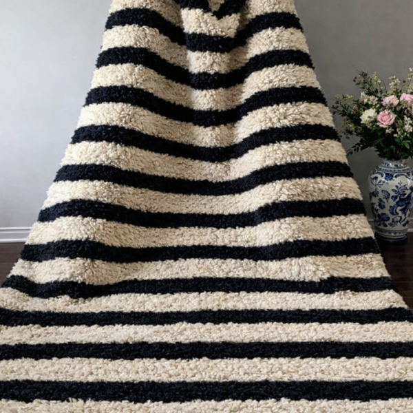 Beni Mrirt Rug – Premium Striped Black and Beige Wool rug