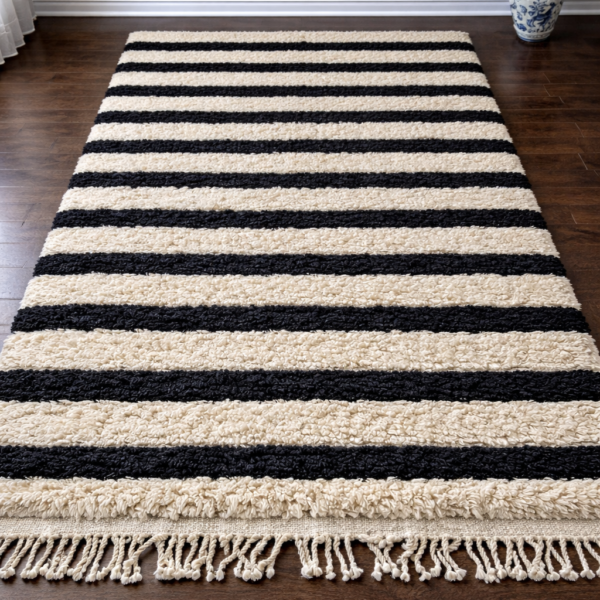 Alternative view of Beni Mrirt Rug – Premium Striped Black and Beige Wool rug