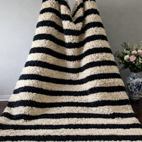 Beni Mrirt Rug – Premium Striped Black and Beige Wool rug - Image 4