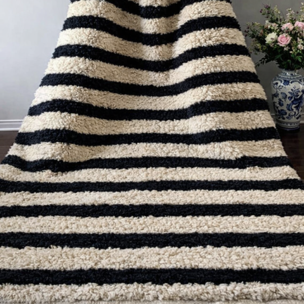 Beni Mrirt Rug – Premium Striped Black and Beige Wool rug - Image 3