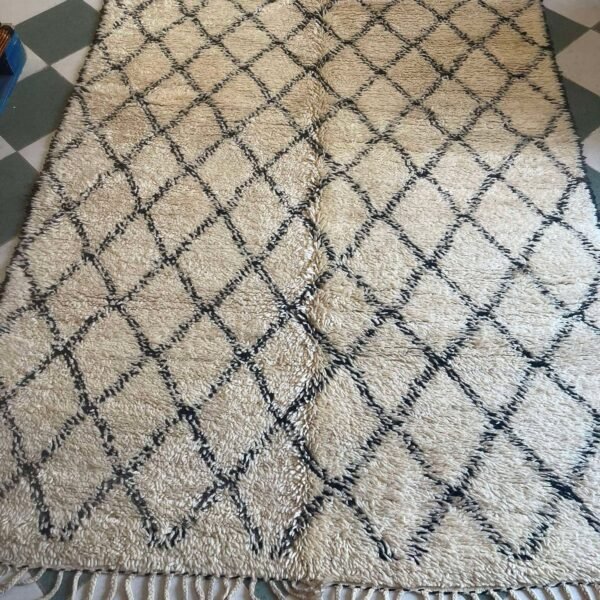 Vintage Style Beni Ourain Rug – 6.2x10.5 ft Diamond Ivory Beige and Black Carpet - Image 5