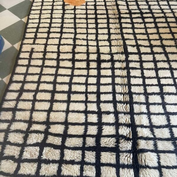 Beni Mrirt Rug – Premium Moroccan Ivory & Black Grid, Premium beige Carpet - Image 4