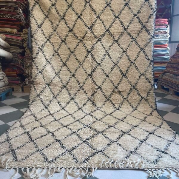 Vintage Style Beni Ourain Rug – 6.2x10.5 ft Diamond Ivory Beige and Black Carpet - Image 7