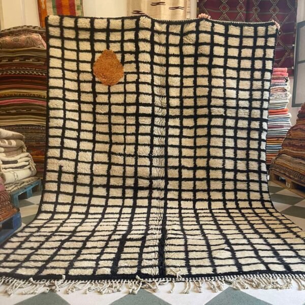 Beni Mrirt Rug – Premium Moroccan Ivory & Black Grid, Premium beige Carpet