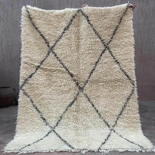 Beni Ourain Wool Rug – 5.1x6.6 ft Ivory Beige shag Diamond Geometric Carpet