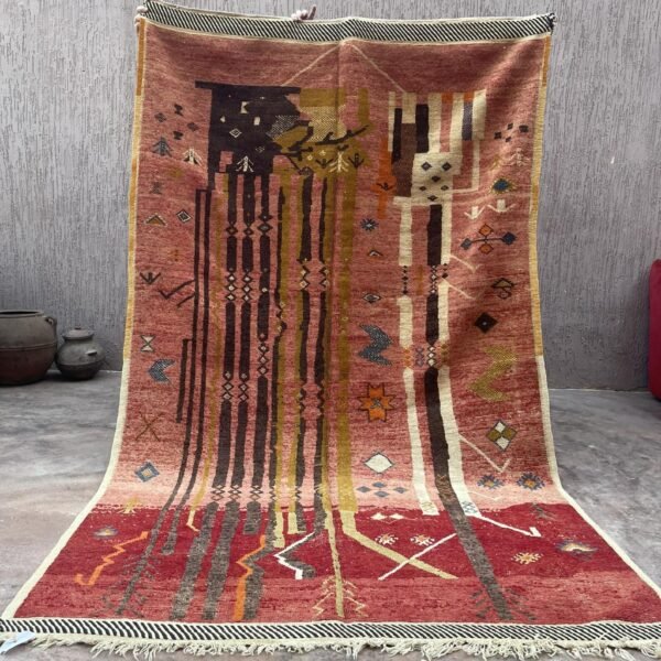 Vintage Style Beni mguild Wool Rug – 5.5x9 ft Tribal Geometric colorful Abstract pink Carpet