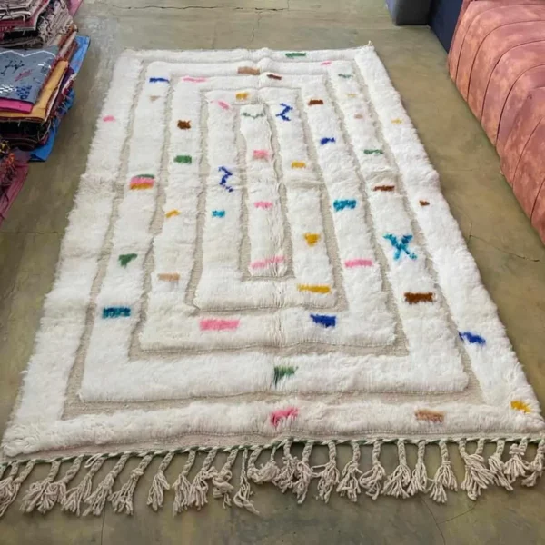 Beni Ourain Wool Rug – 5x8 ft Ivory Beige Tufted Geometric Carpet - Image 8